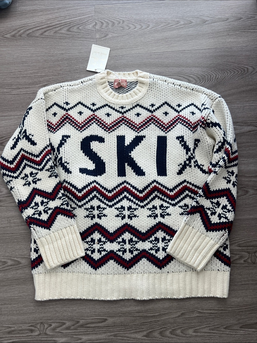 Show Me Your MuMu Cream Ski Fair Isle Crewneck Sweater with Navy and Red Accents